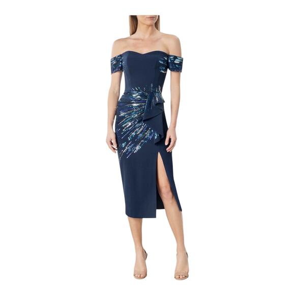 Dress the Population Alani sequin detail off the shoulder midi cocktail XXS - Picture 1 of 7